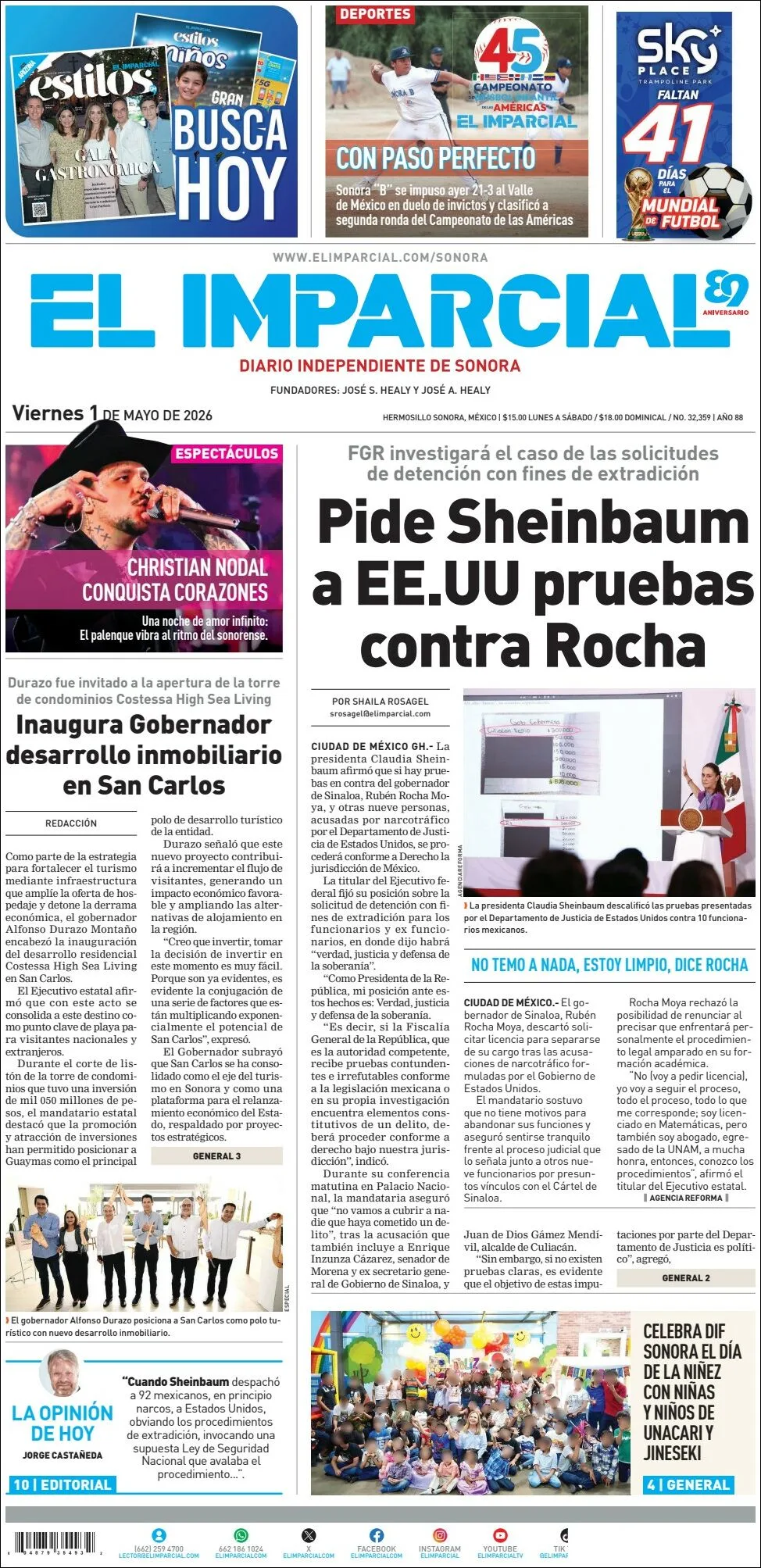 Portada de El Imparcial del viernes, 1 de mayo de 2026