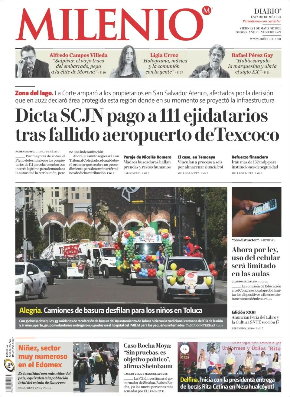 Portada de Milenio Edo de Mexico del viernes, 1 de mayo de 2026