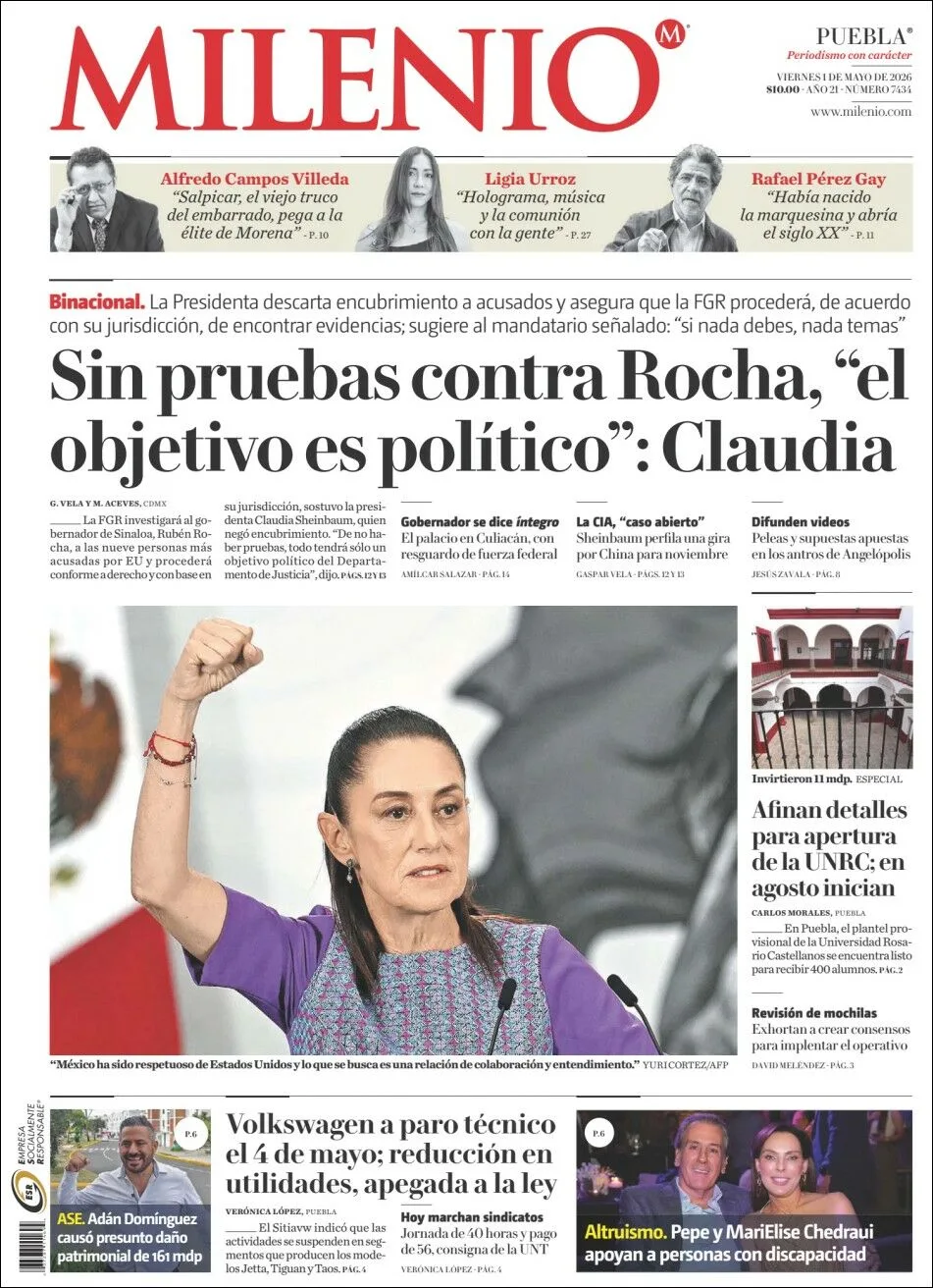 Portada de Milenio Puebla del viernes, 1 de mayo de 2026