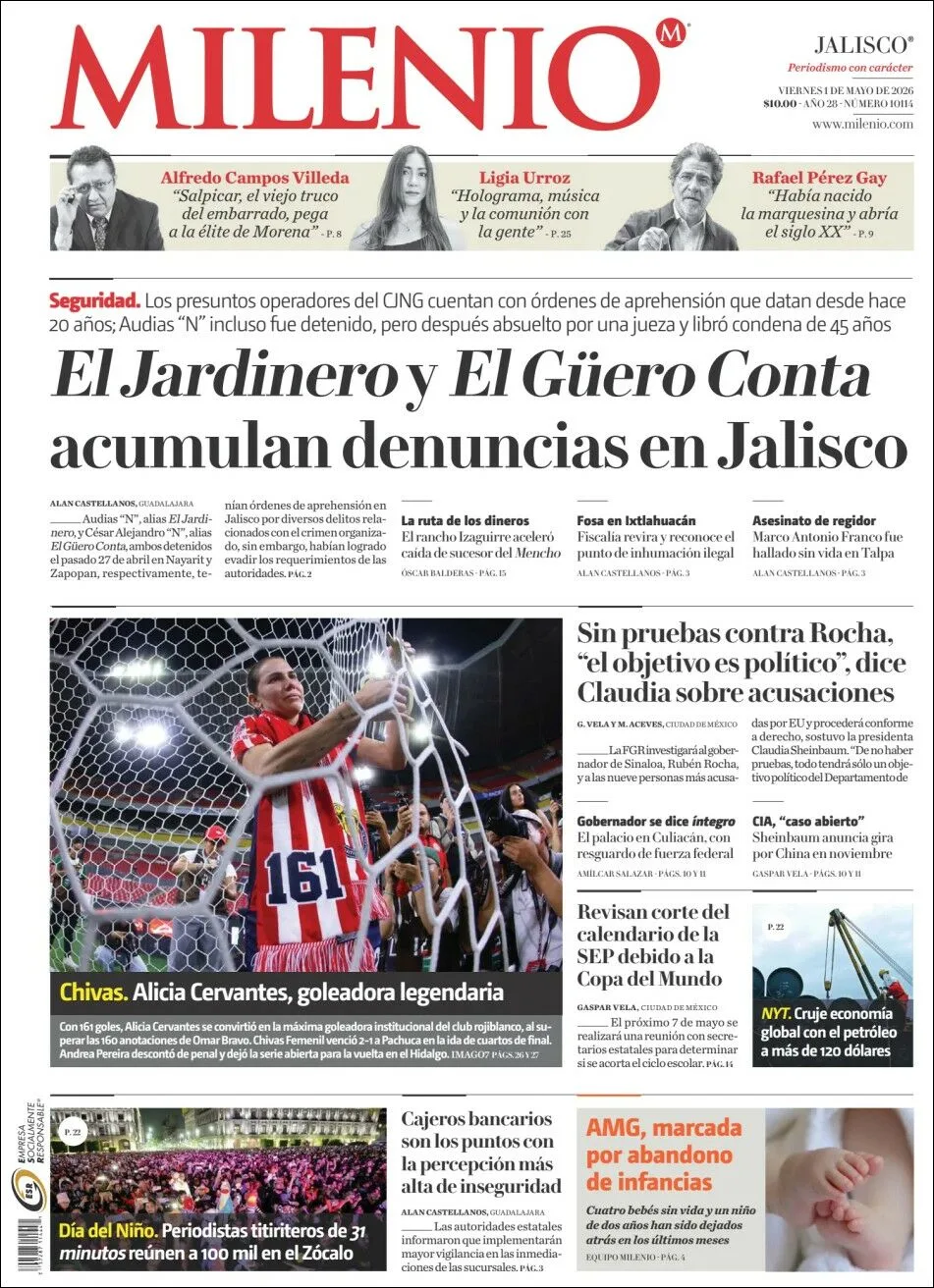 Portada de Milenio Jalisco del viernes, 1 de mayo de 2026