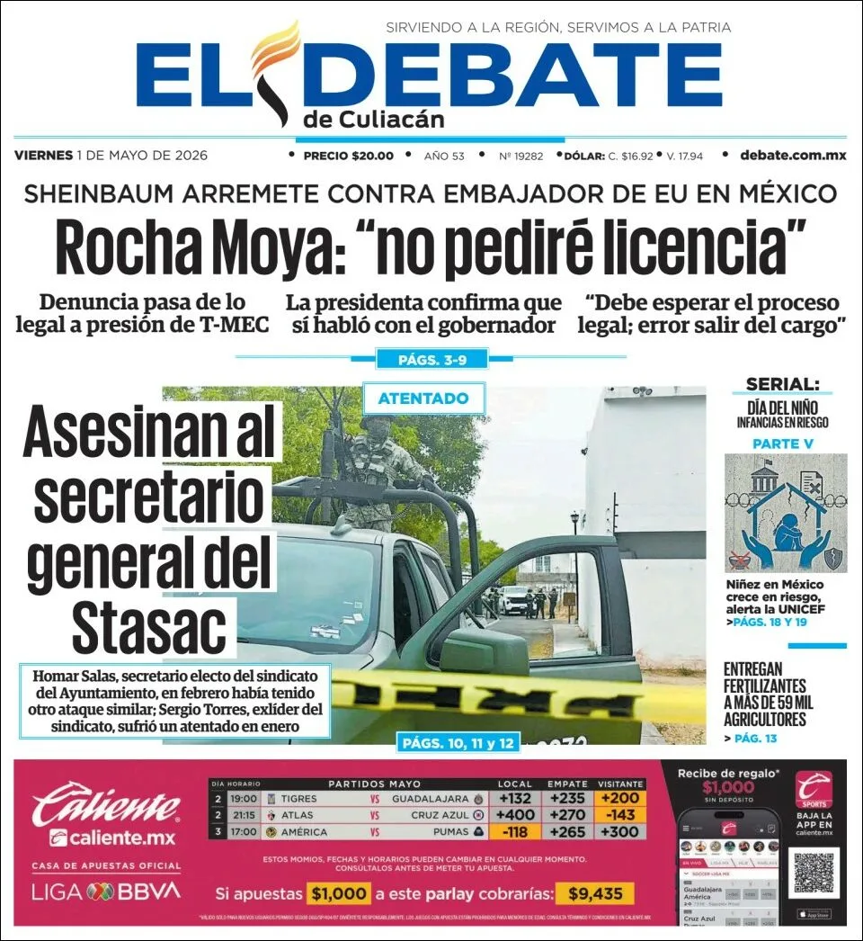 Portada de El Debate de Culiacan del viernes, 1 de mayo de 2026