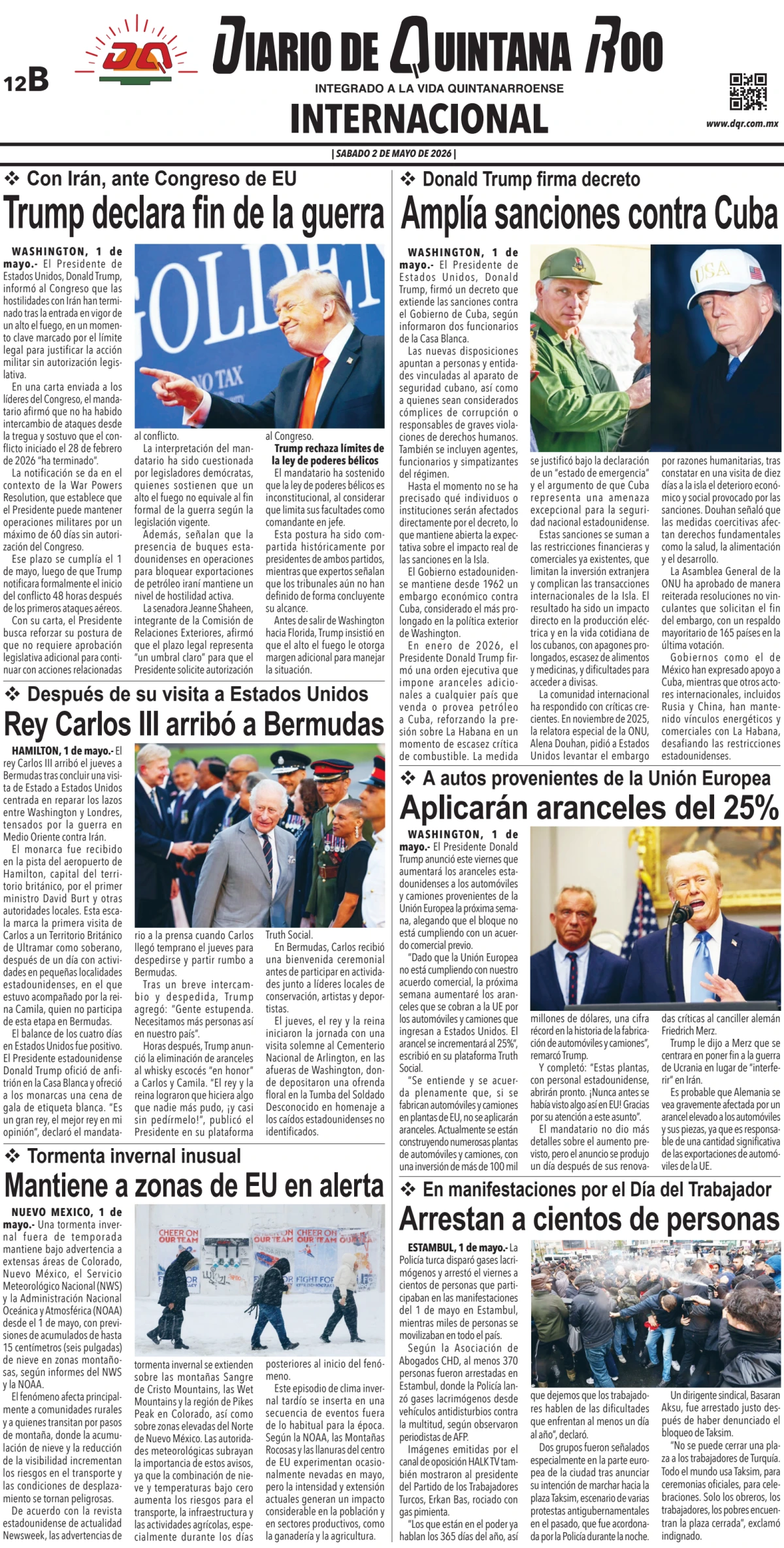 Portada de Diario de Quintana Roo (contra Portada) del sábado, 2 de mayo de 2026