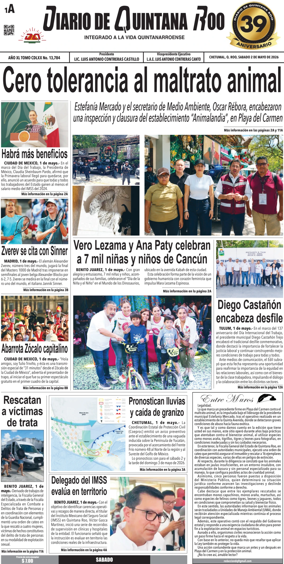 Portada de Diario de Quintana Roo (portada) del sábado, 2 de mayo de 2026