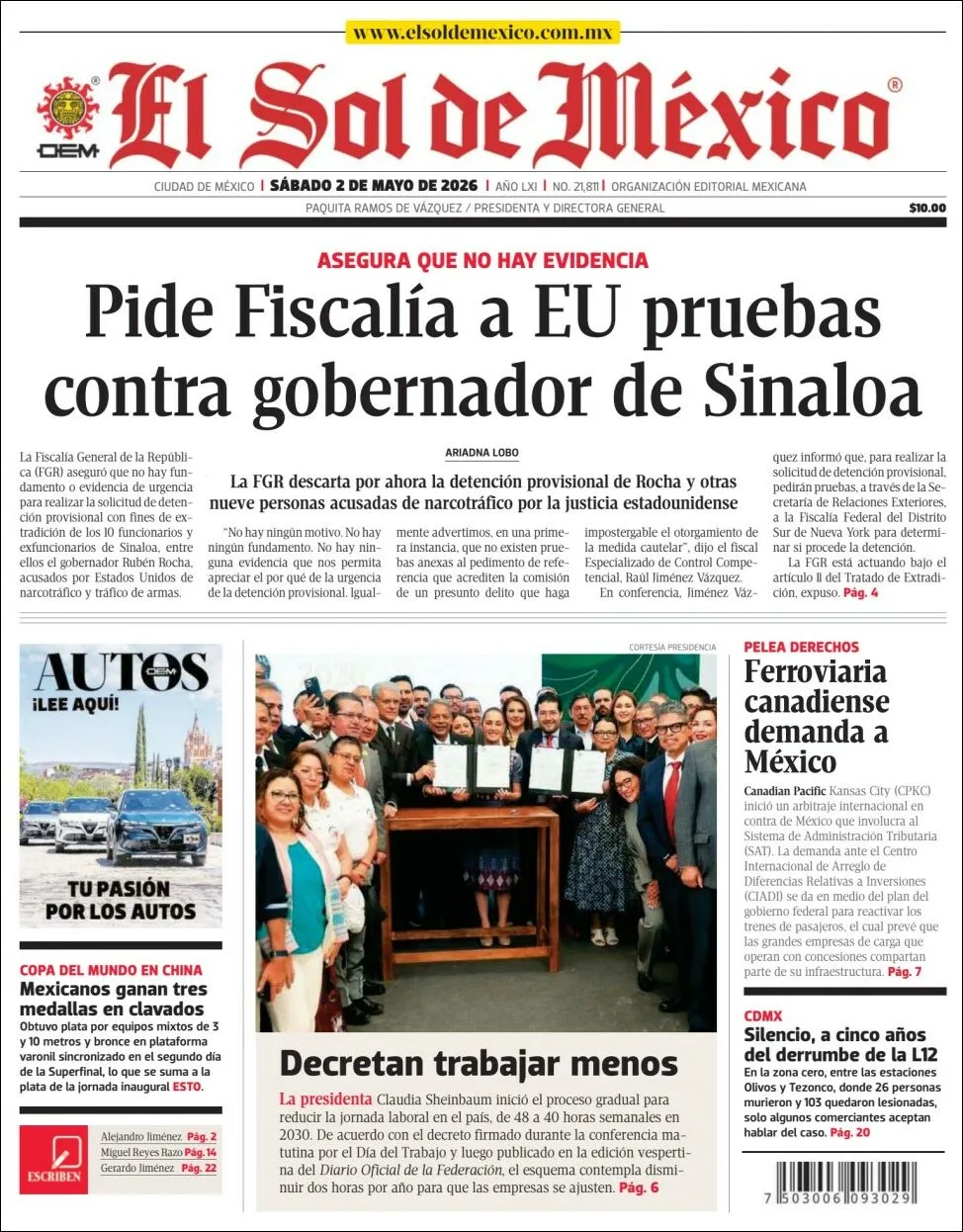 Portada de El Sol de Mexico del sábado, 2 de mayo de 2026