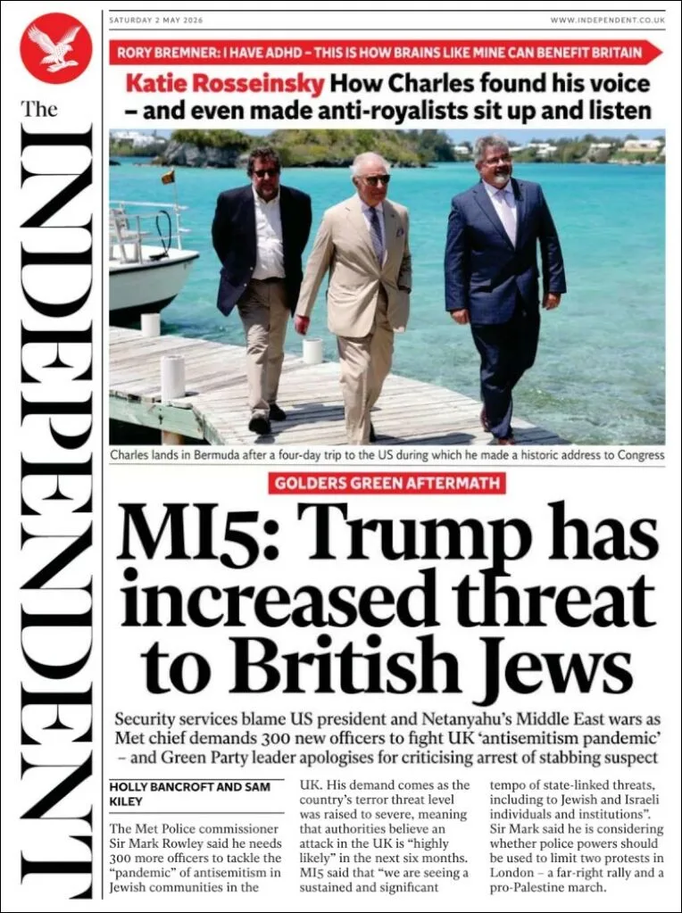 Portada de The Independent del sábado, 2 de mayo de 2026
