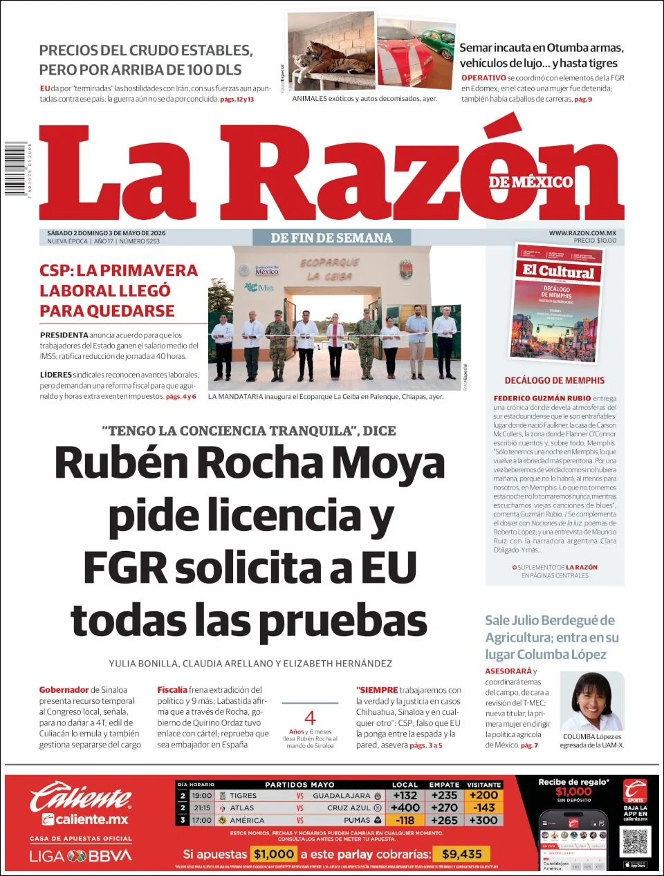 Portada de La Razon del sábado, 2 de mayo de 2026