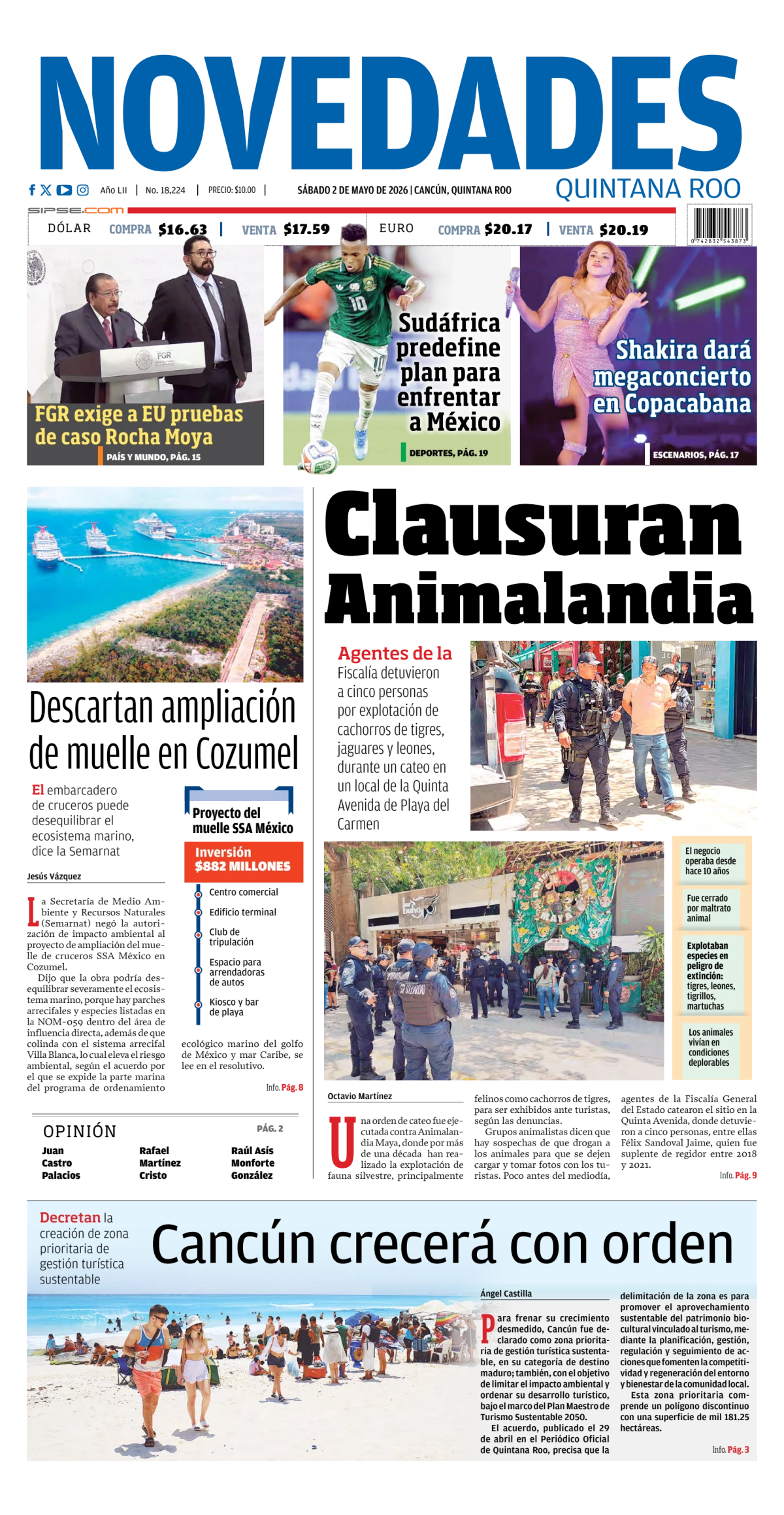 Portada de Novedades Quintana Roo del sábado, 2 de mayo de 2026