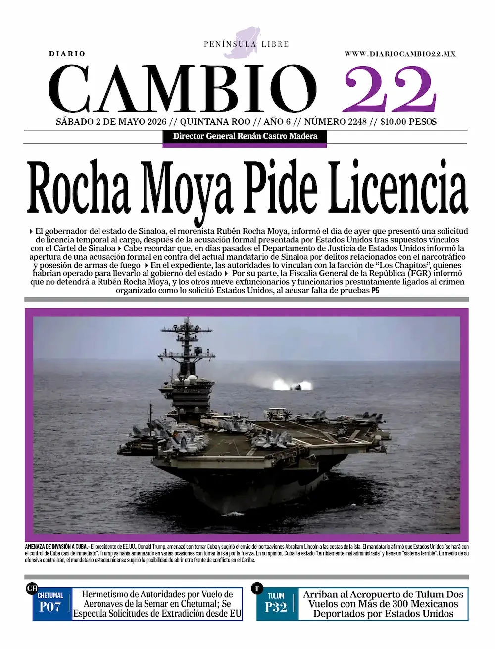 Portada de Diario Cambio 22 (portada) del sábado, 2 de mayo de 2026