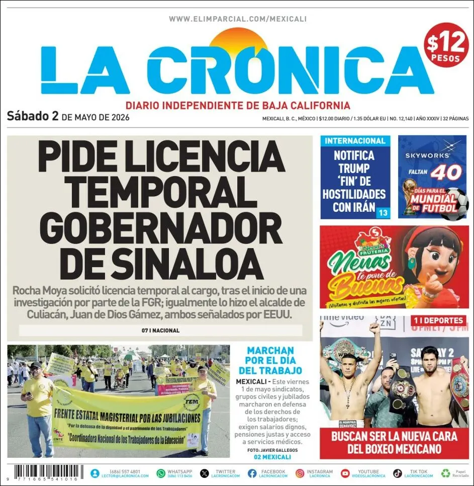 Portada de La Cronica del sábado, 2 de mayo de 2026