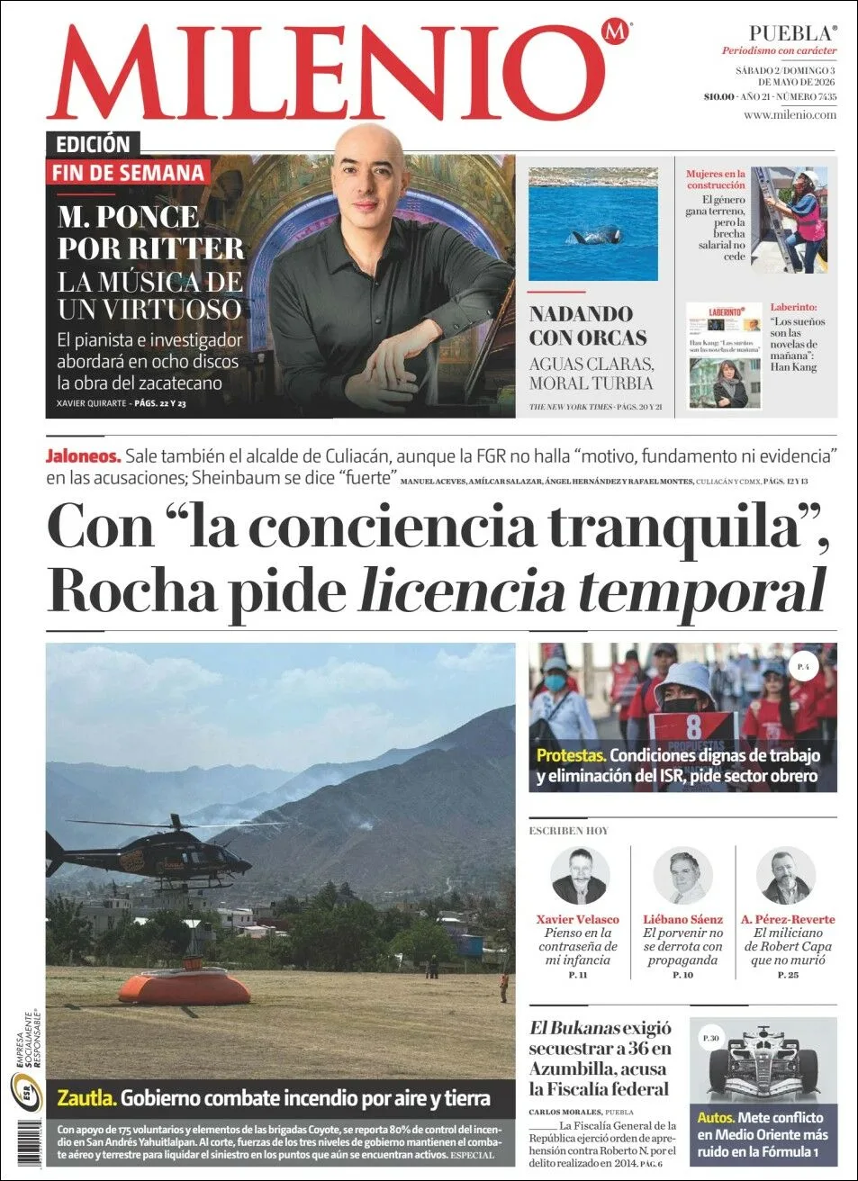 Portada de Milenio Puebla del sábado, 2 de mayo de 2026