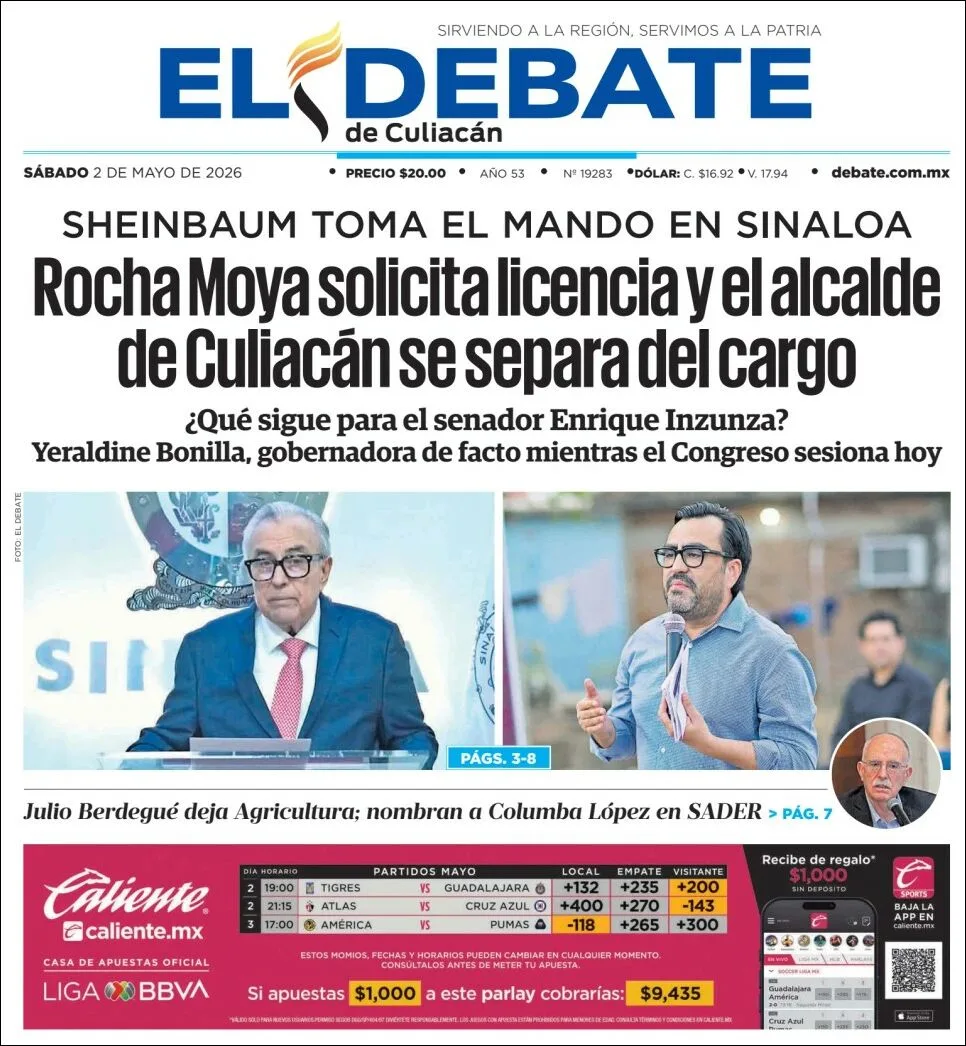 Portada de El Debate de Culiacan del sábado, 2 de mayo de 2026