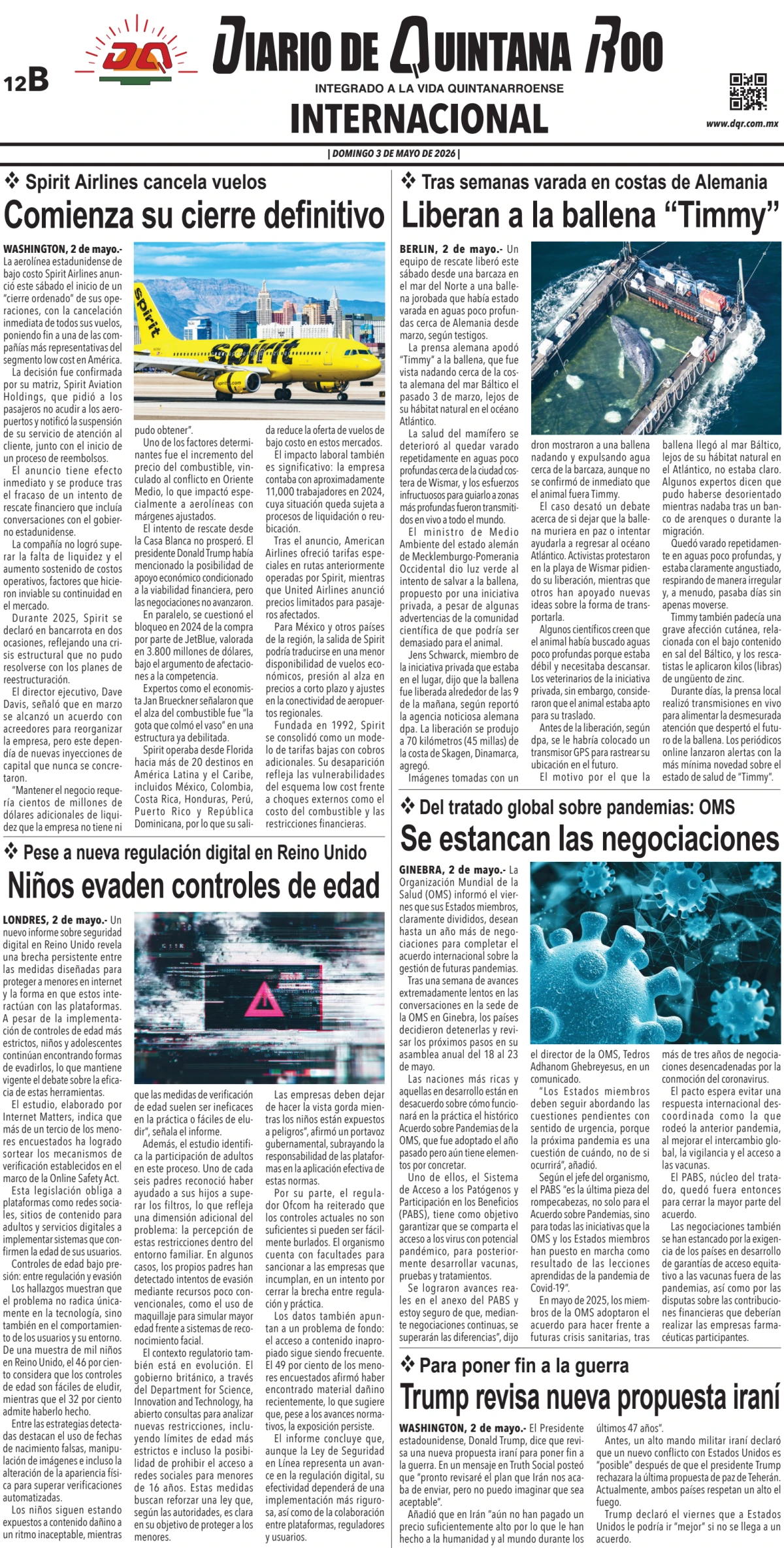 Portada de Diario de Quintana Roo (contra Portada) del domingo, 3 de mayo de 2026
