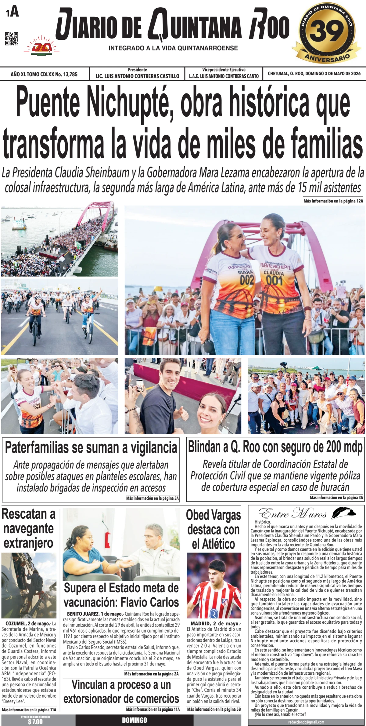 Portada de Diario de Quintana Roo (portada) del domingo, 3 de mayo de 2026