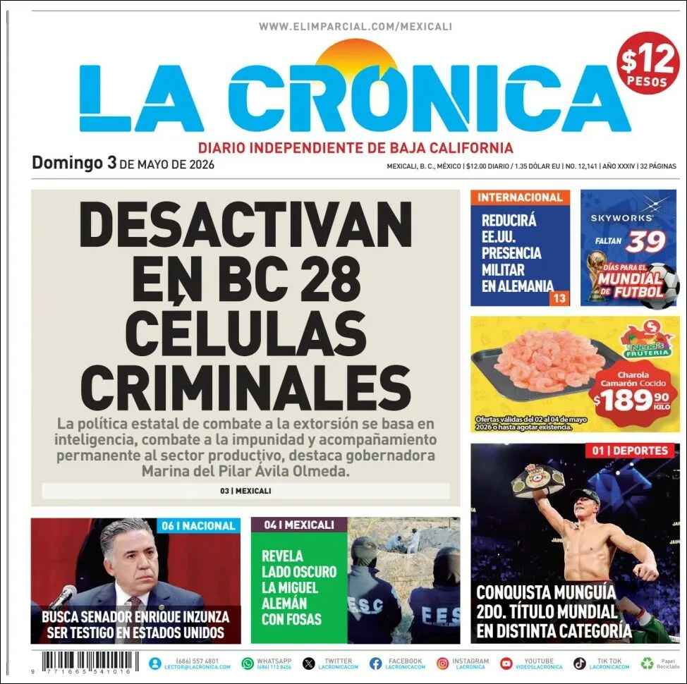 Portada de La Cronica del domingo, 3 de mayo de 2026