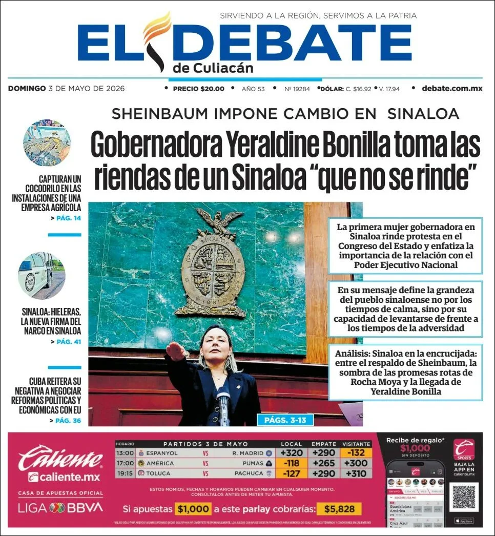 Portada de El Debate de Culiacan del domingo, 3 de mayo de 2026