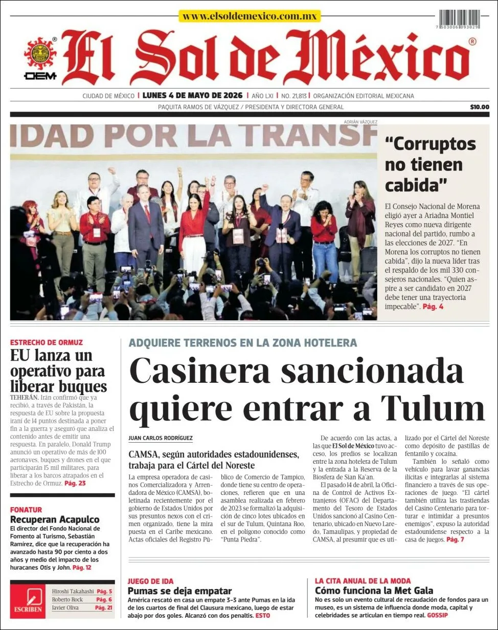 Portada de El Sol de Mexico del lunes, 4 de mayo de 2026