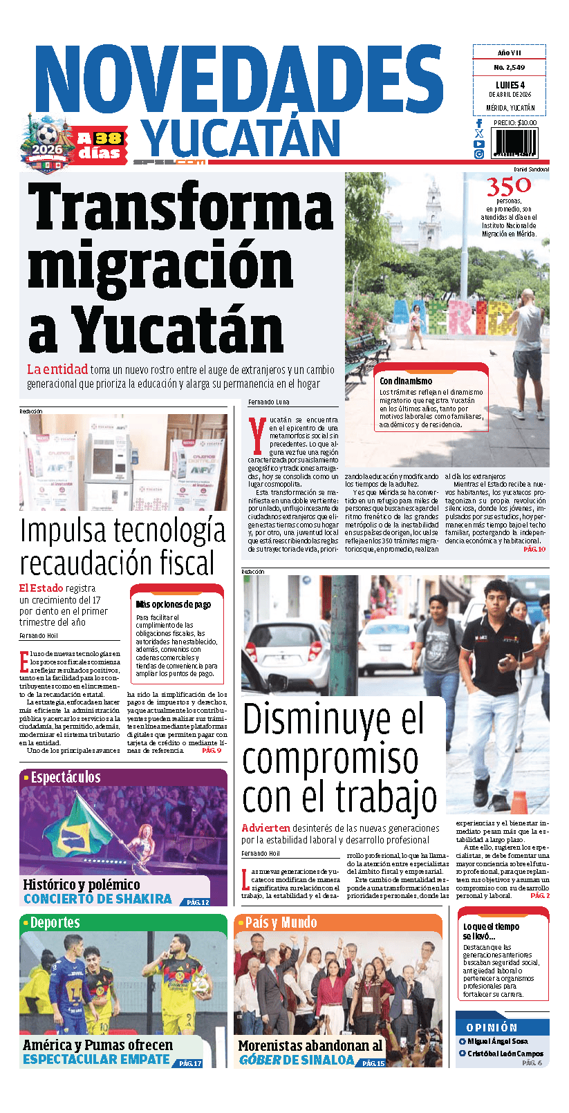 Portada de Novedades Yucatan del sábado, 4 de abril de 2026