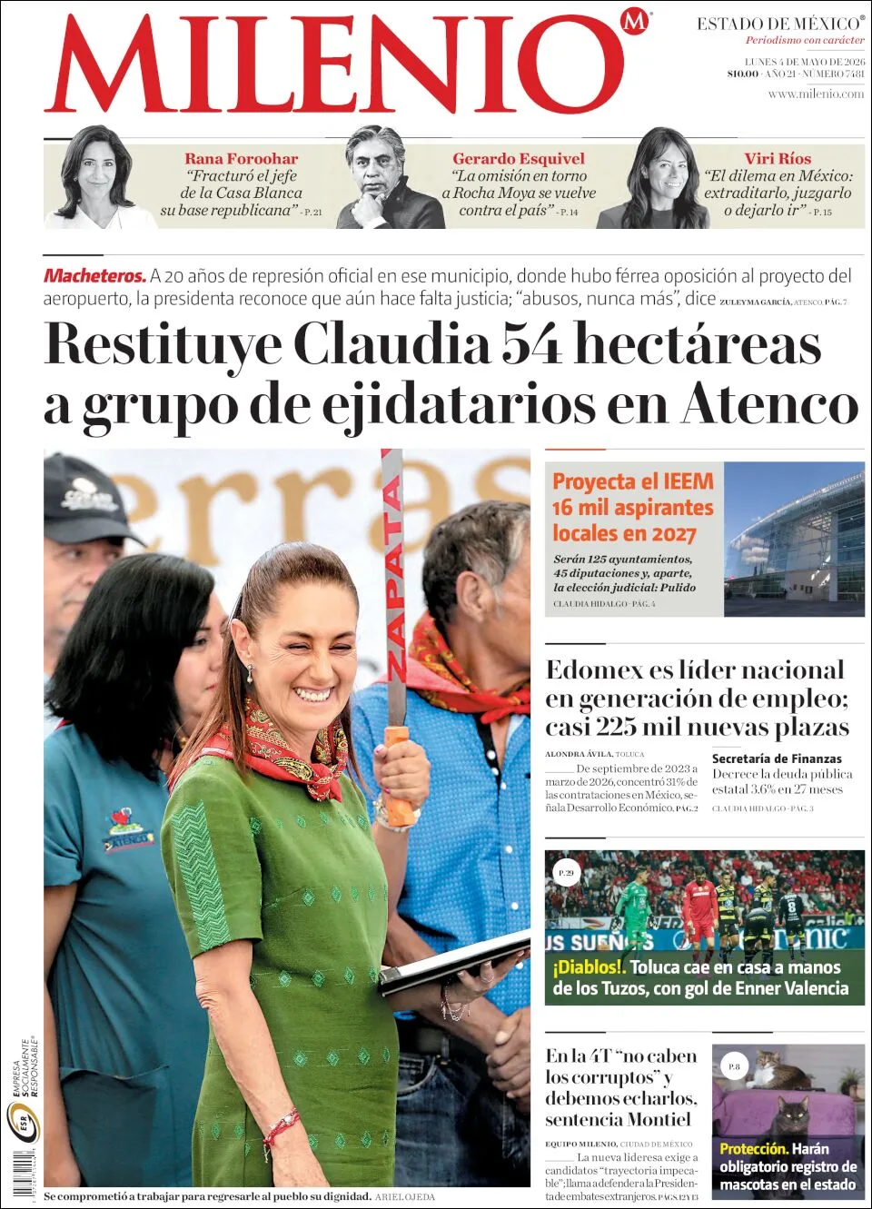 Portada de Milenio Edo de Mexico del lunes, 4 de mayo de 2026