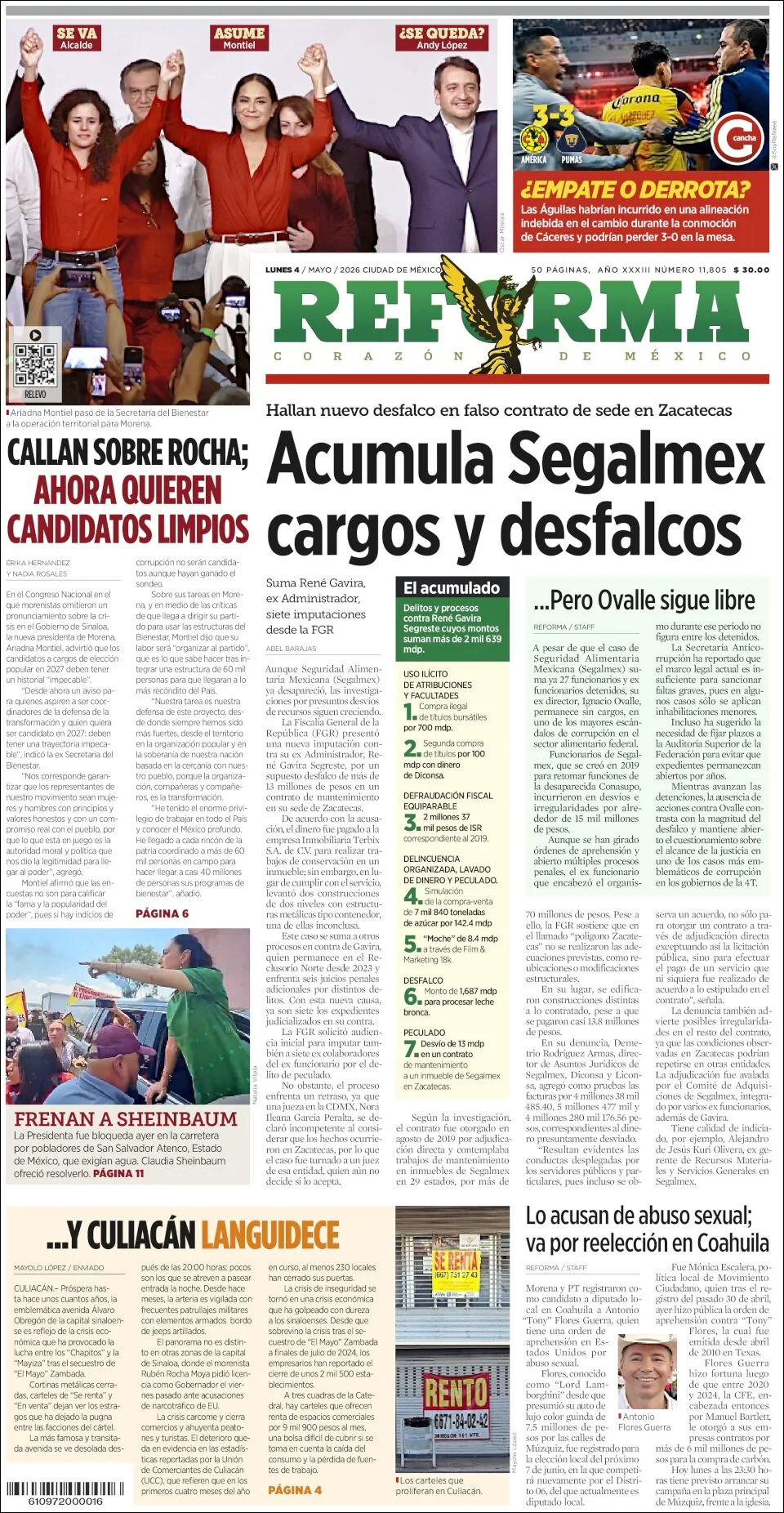 Portada de Reforma del lunes, 4 de mayo de 2026