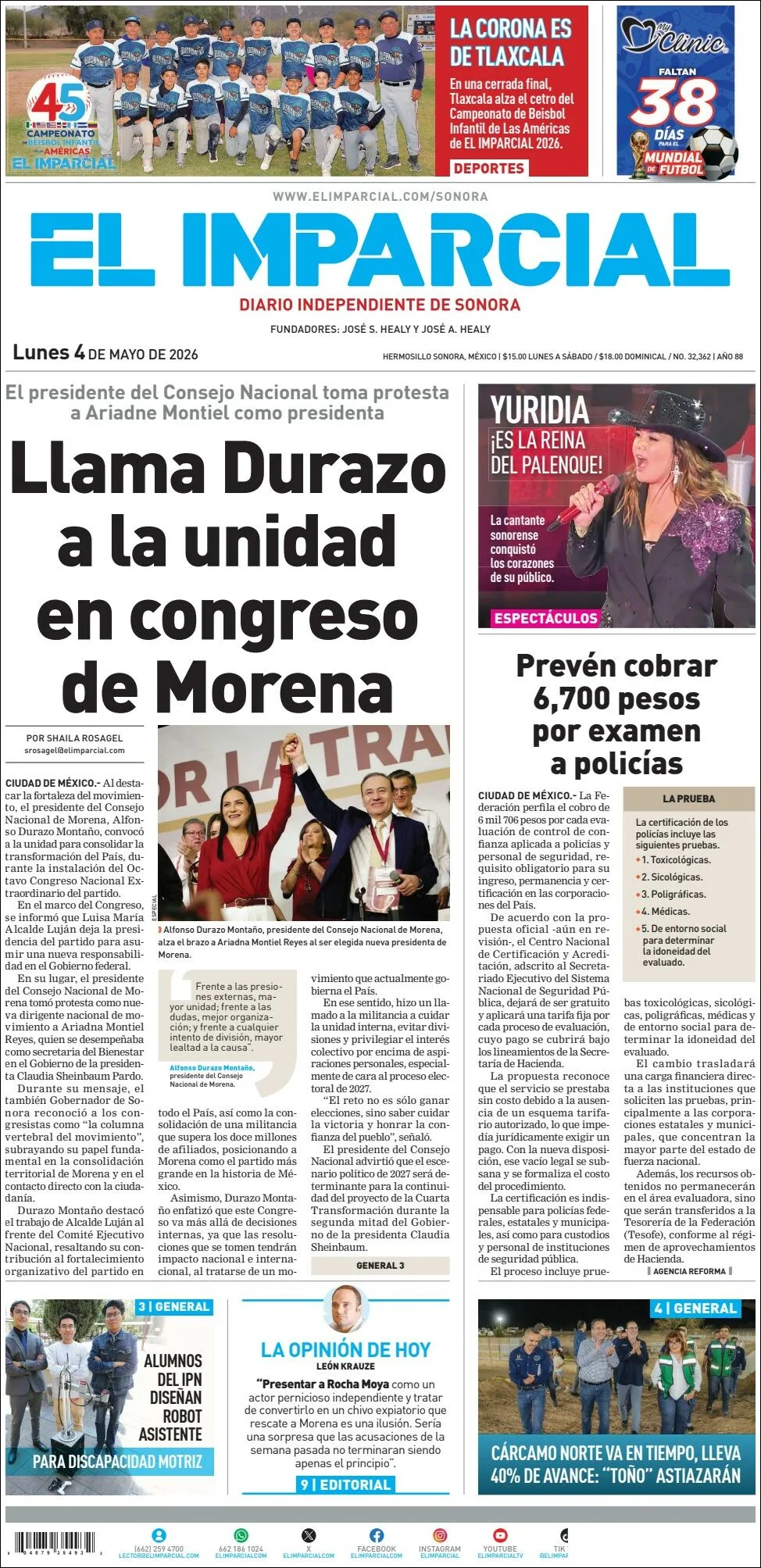Portada de El Imparcial del lunes, 4 de mayo de 2026