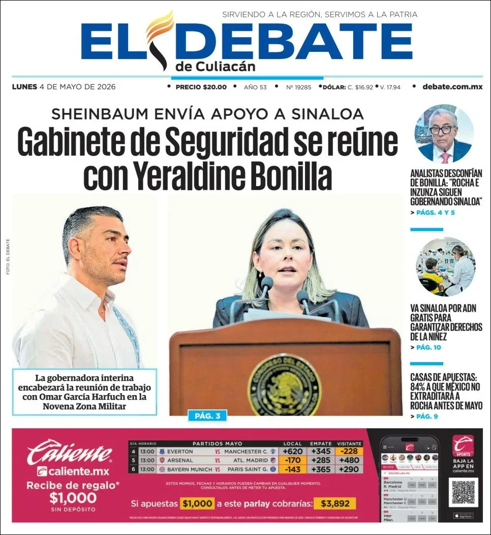 Portada de El Debate de Culiacan del lunes, 4 de mayo de 2026