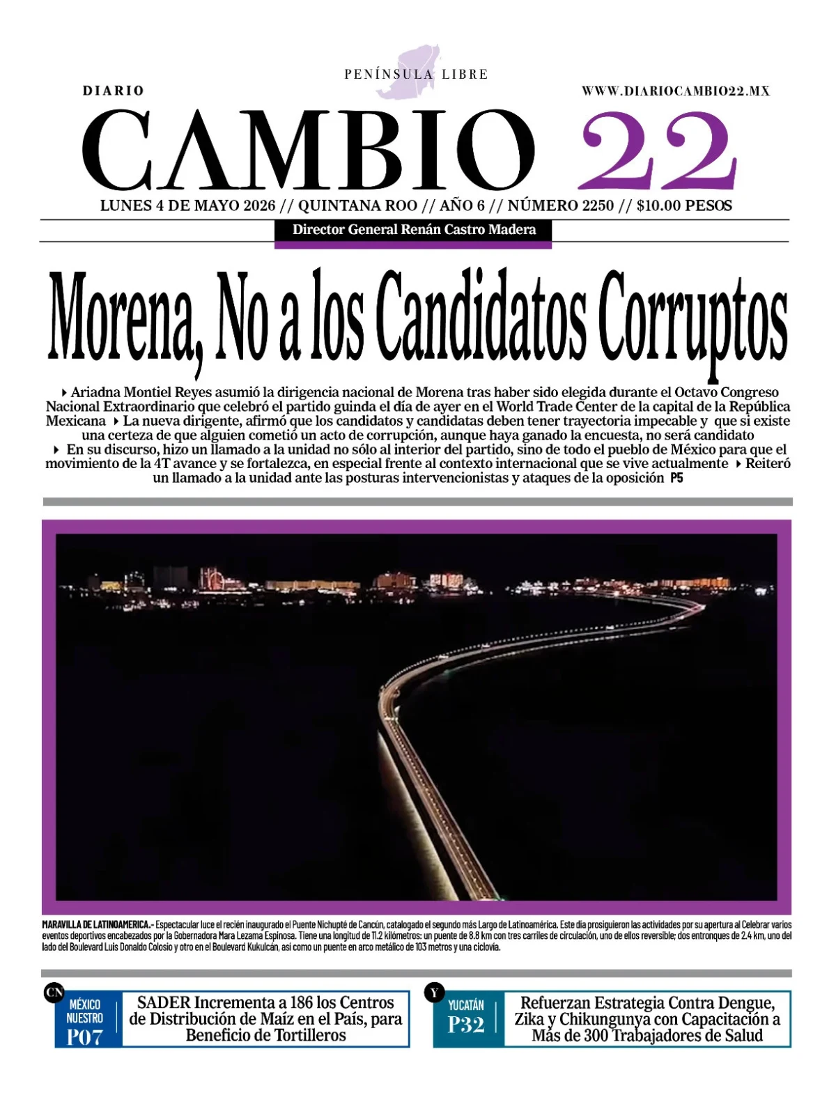 Portada de Diario Cambio 22 (portada) del lunes, 4 de mayo de 2026