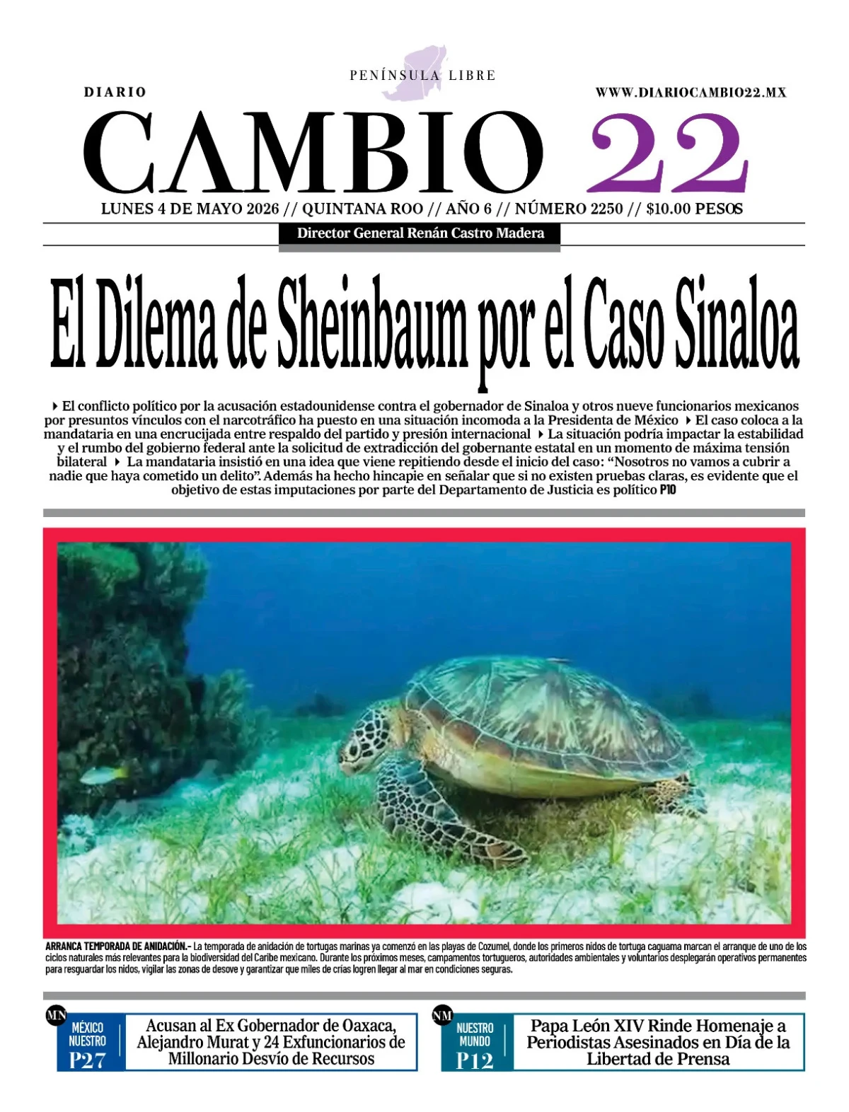 Portada de Diario Cambio 22 (contraportada) del lunes, 4 de mayo de 2026