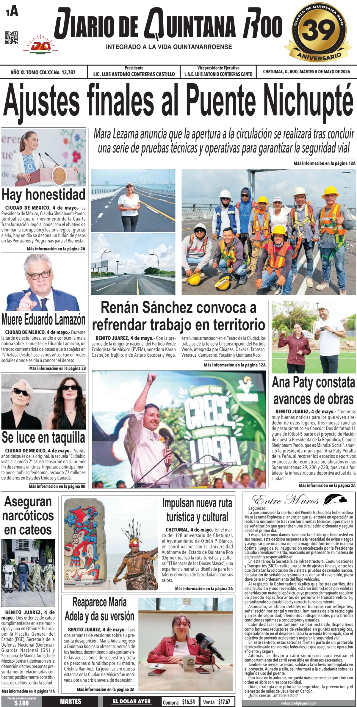 Portada de Diario de Quintana Roo (portada) del martes, 5 de mayo de 2026