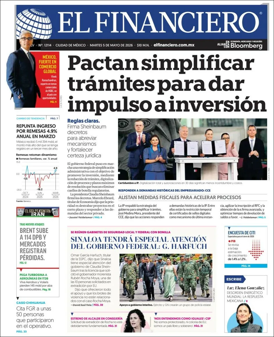 Portada de El Financiero del martes, 5 de mayo de 2026