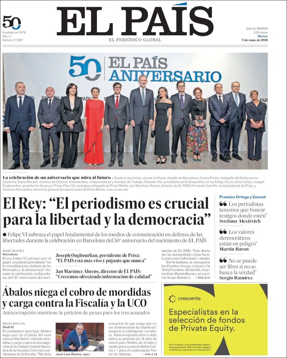 Portada de El Pais del martes, 5 de mayo de 2026
