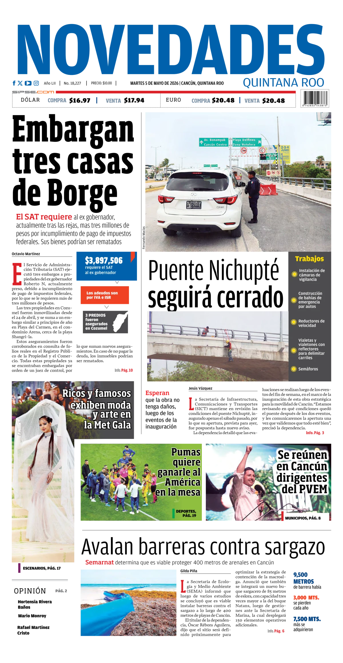 Portada de Novedades Quintana Roo del martes, 5 de mayo de 2026