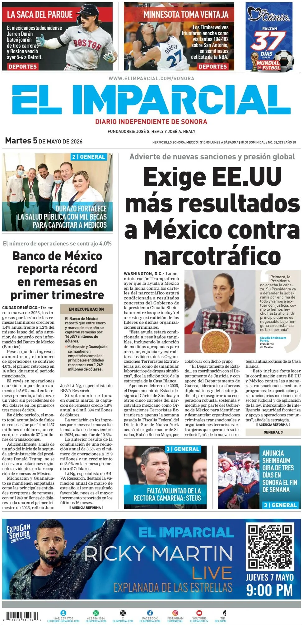 Portada de El Imparcial del martes, 5 de mayo de 2026