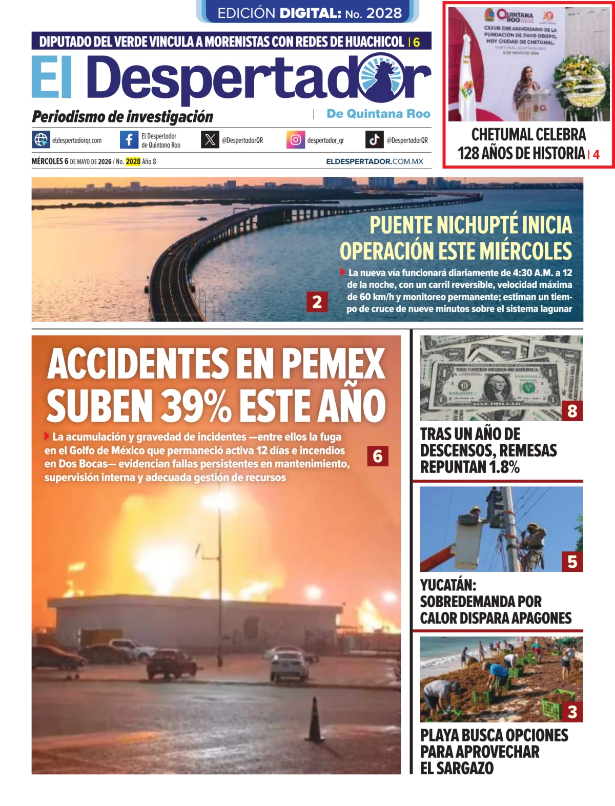Portada de El Despertador de Quintana Roo del miércoles, 6 de mayo de 2026