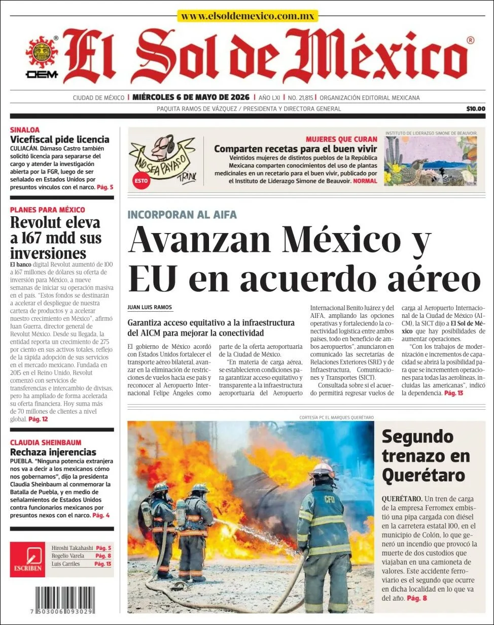 Portada de El Sol de Mexico del miércoles, 6 de mayo de 2026