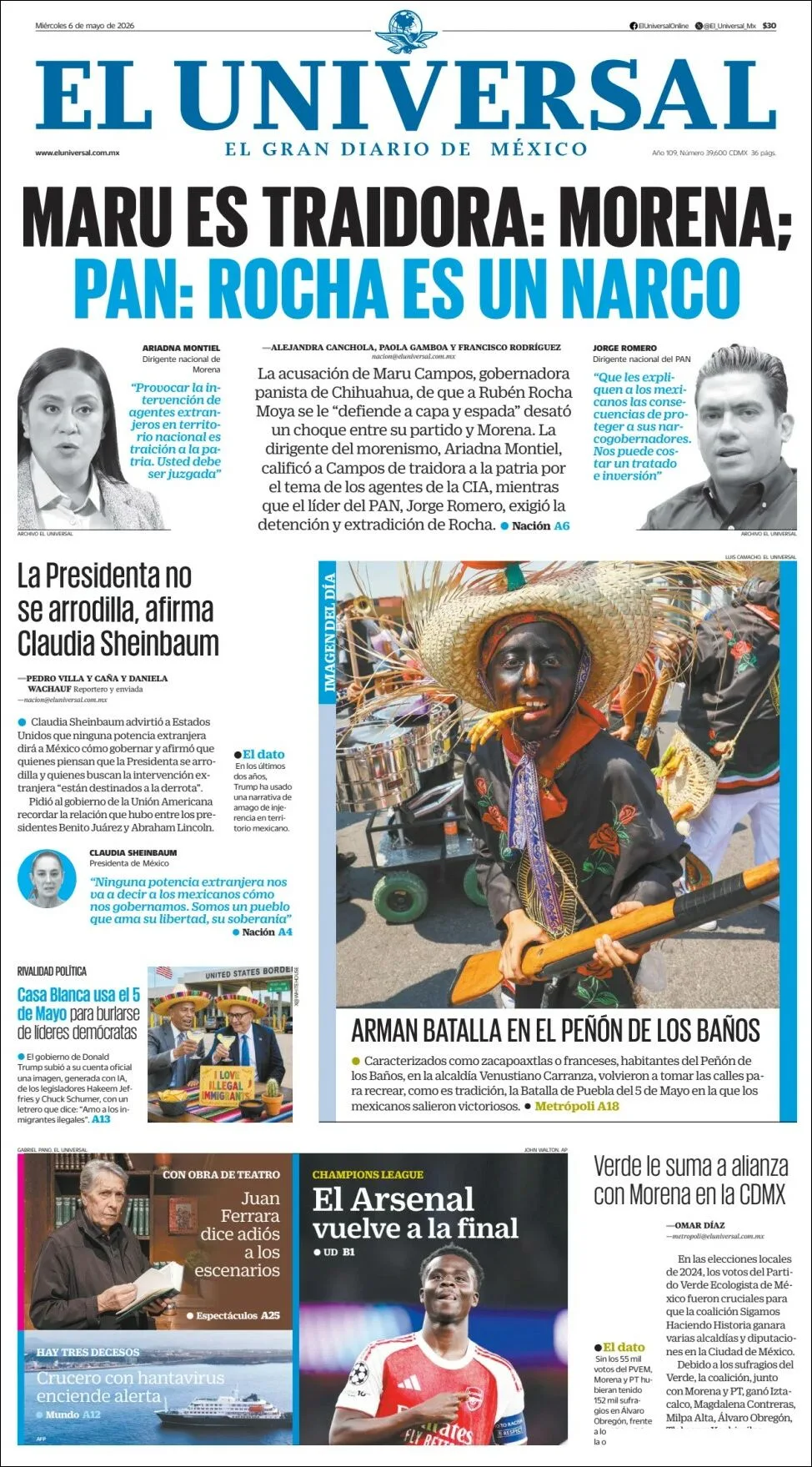 Portada de El Universal del miércoles, 6 de mayo de 2026
