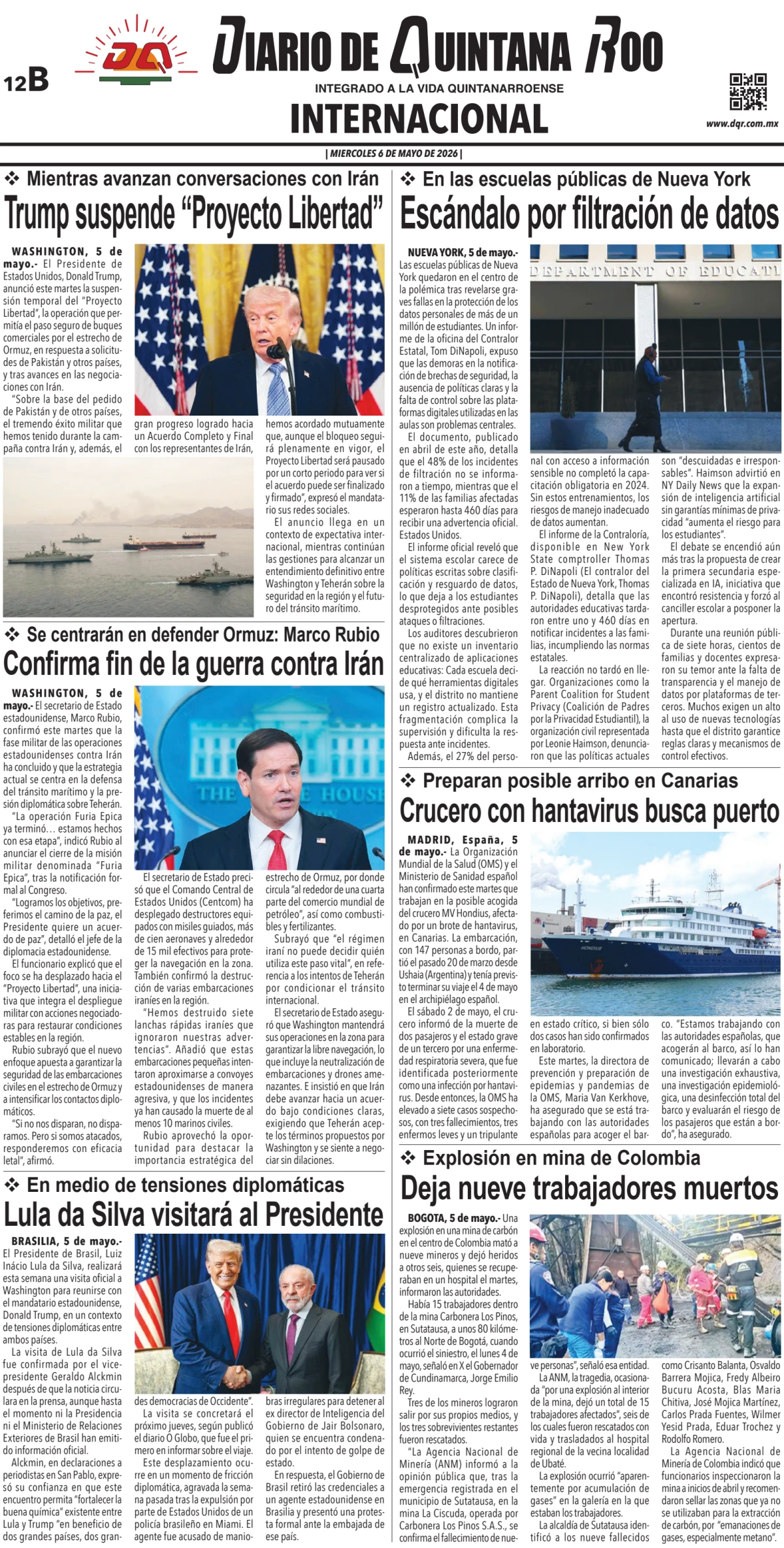 Portada de Diario de Quintana Roo (contra Portada) del miércoles, 6 de mayo de 2026