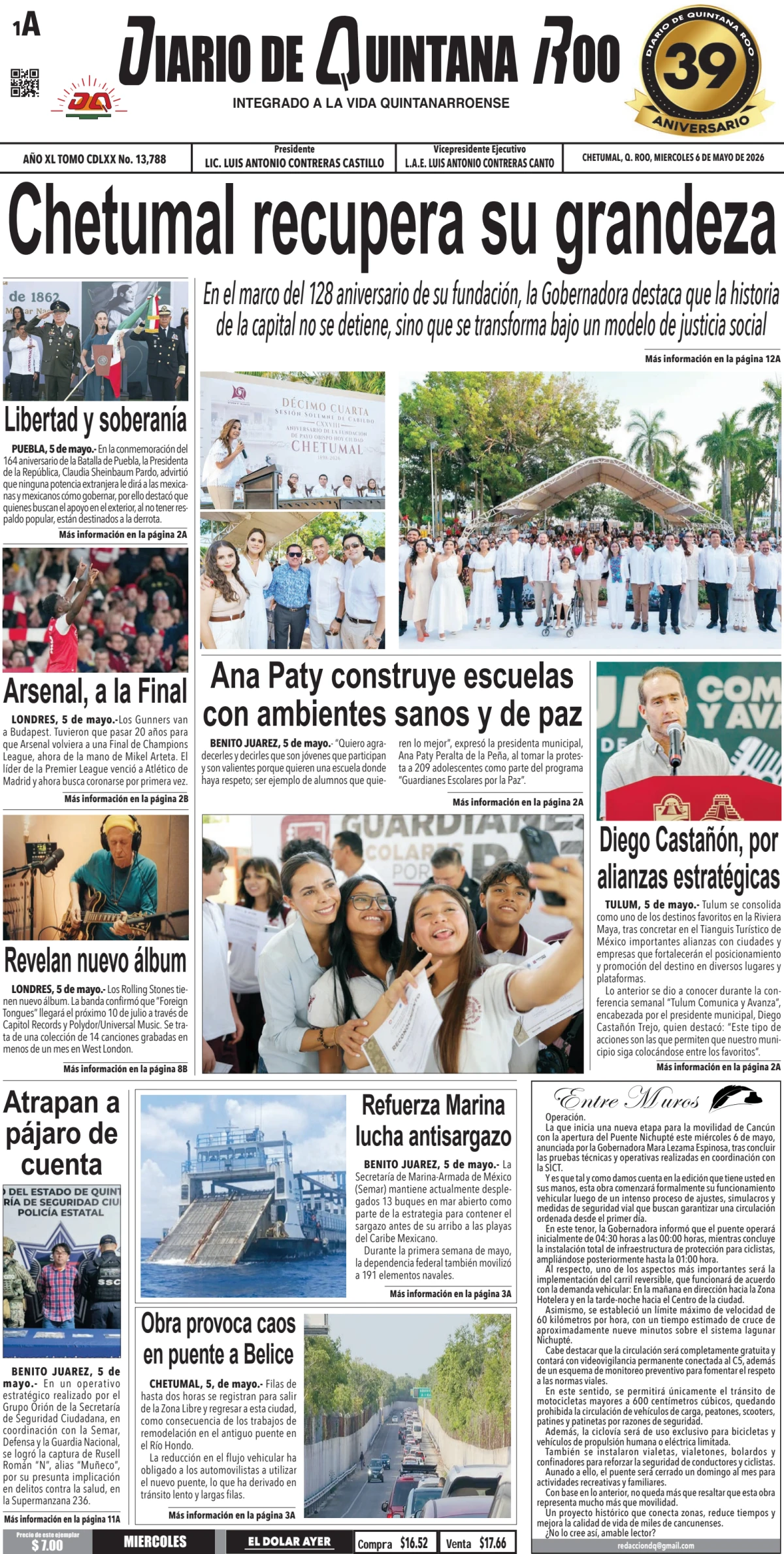 Portada de Diario de Quintana Roo (portada) del miércoles, 6 de mayo de 2026