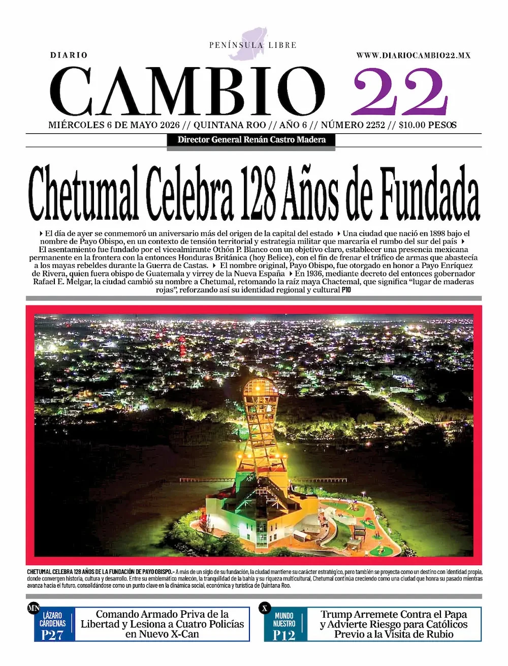 Portada de Diario Cambio 22 (contraportada) del miércoles, 6 de mayo de 2026