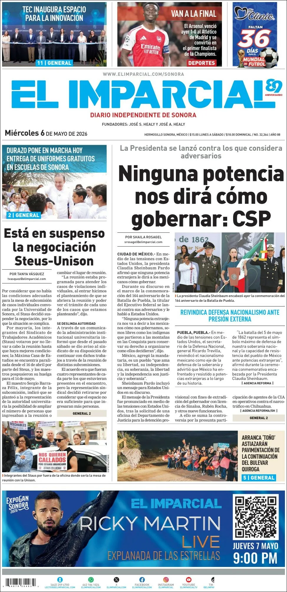 Portada de El Imparcial del miércoles, 6 de mayo de 2026