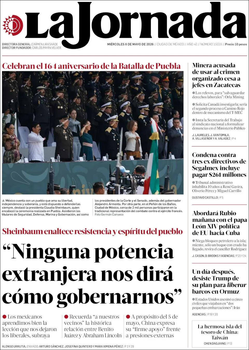 Portada de La Jornada del miércoles, 6 de mayo de 2026