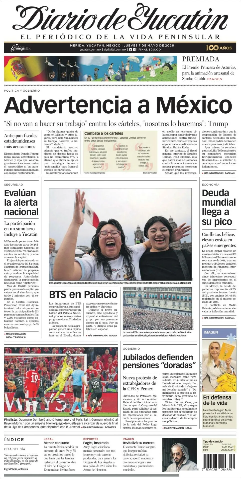 Portada de Diario de Yucatán del jueves, 7 de mayo de 2026