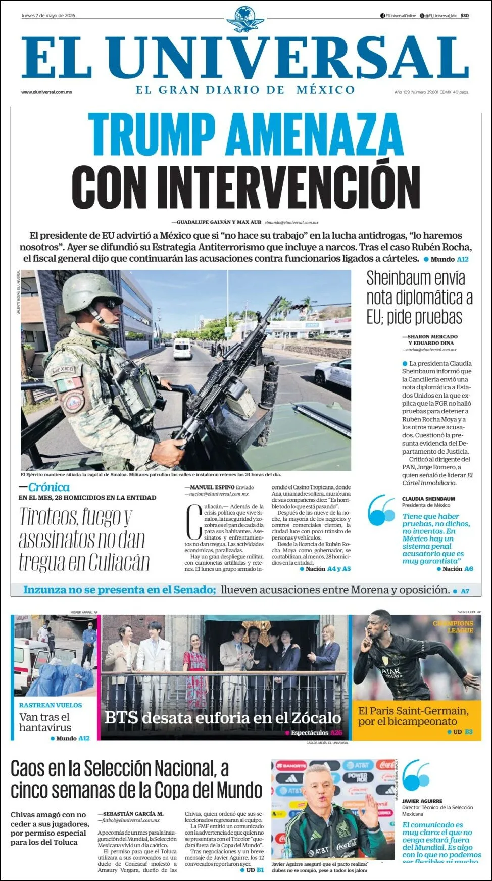 Portada de El Universal del jueves, 7 de mayo de 2026