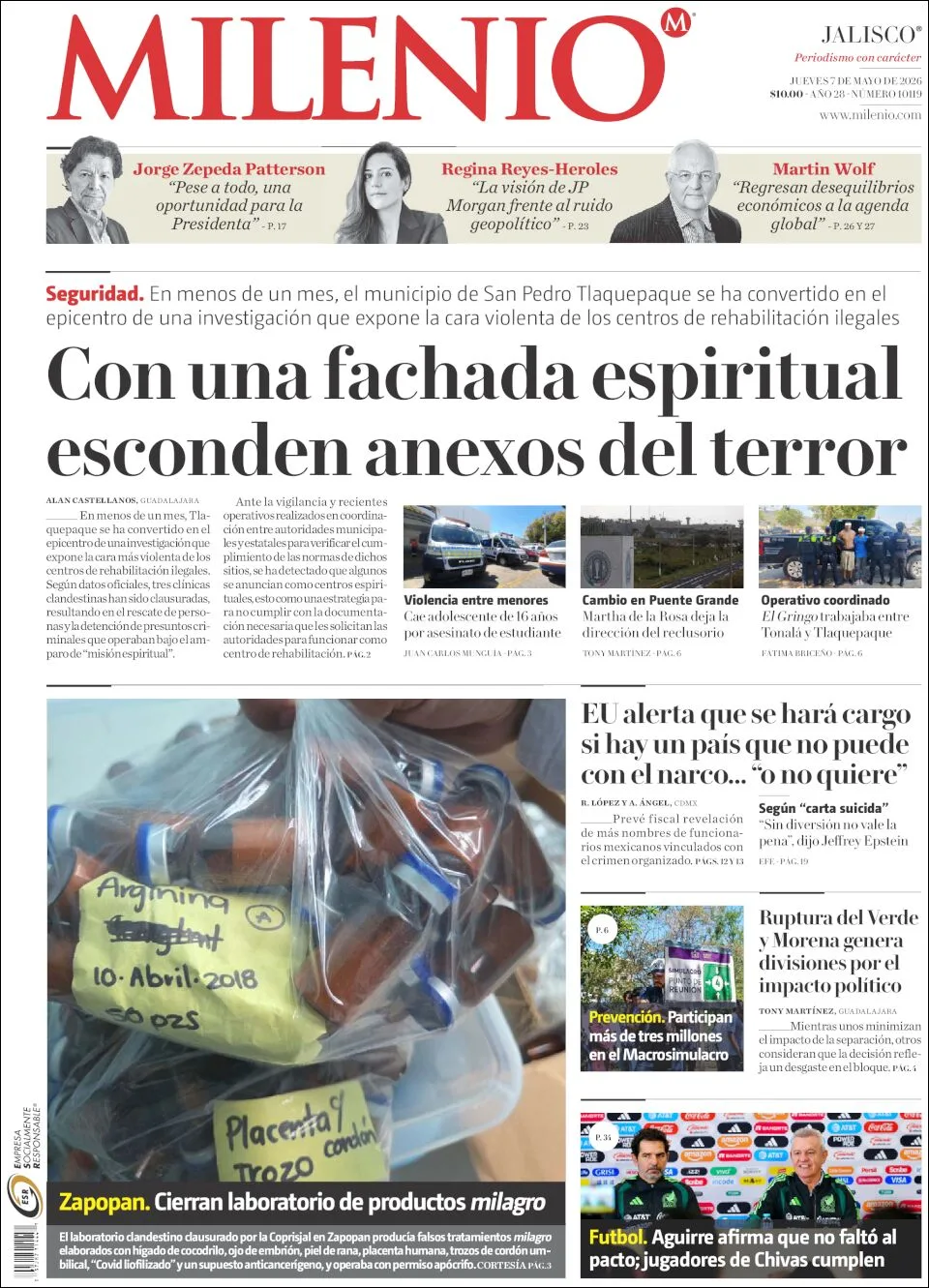 Portada de Milenio Jalisco del jueves, 7 de mayo de 2026