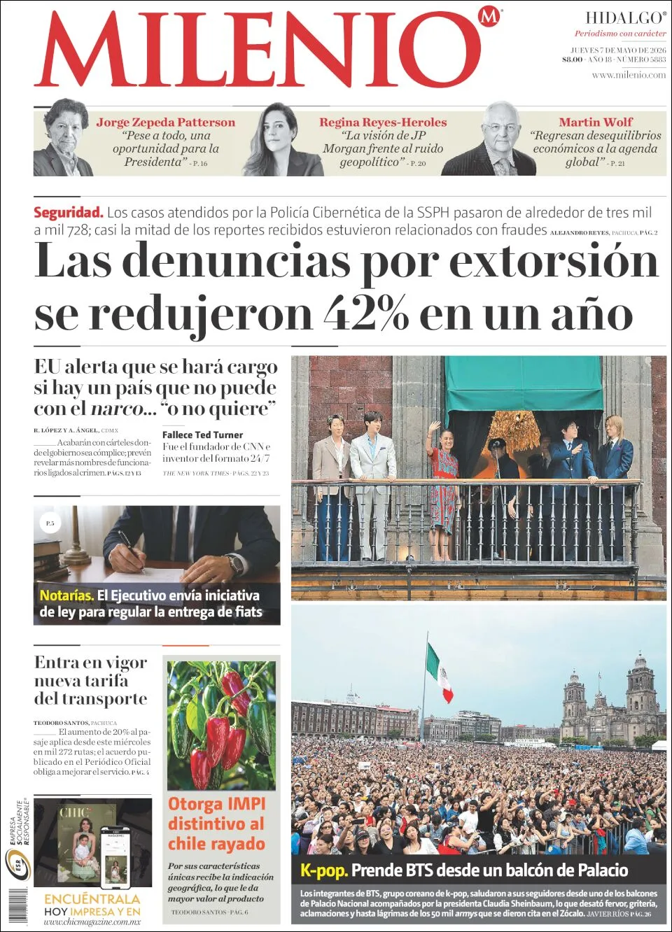 Portada de Milenio Hidalgo del jueves, 7 de mayo de 2026