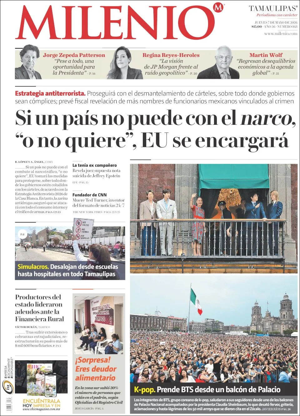 Portada de Milenio Tamaulipas del jueves, 7 de mayo de 2026