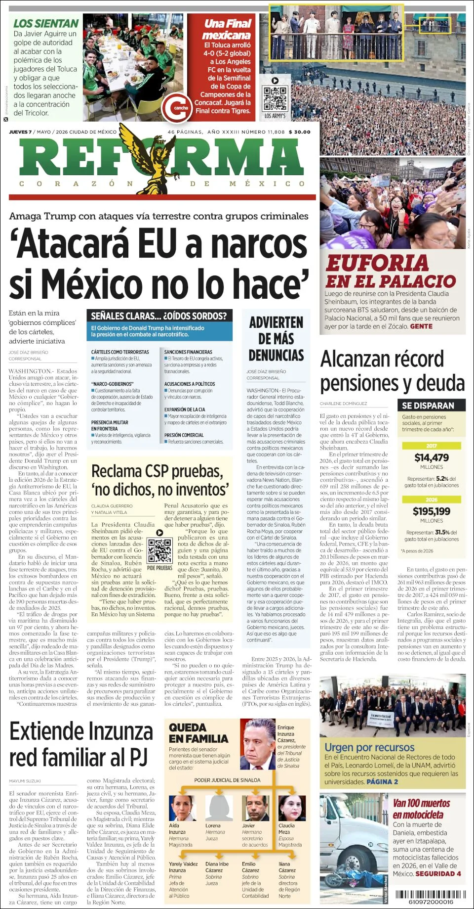 Portada de Reforma del jueves, 7 de mayo de 2026