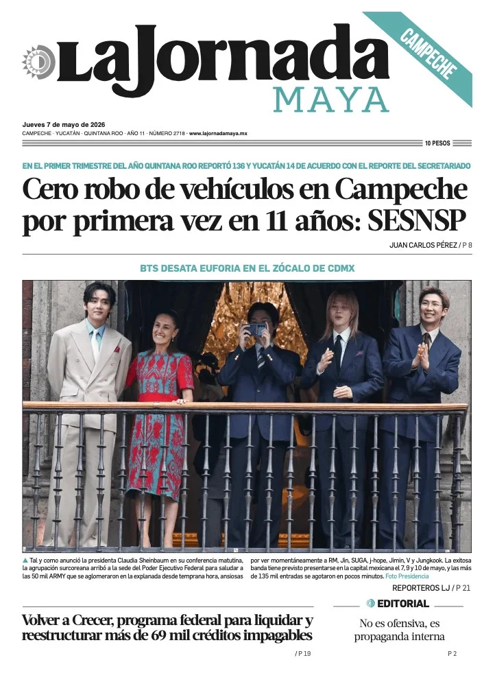 Portada de La Jornada Maya Campeche del jueves, 7 de mayo de 2026