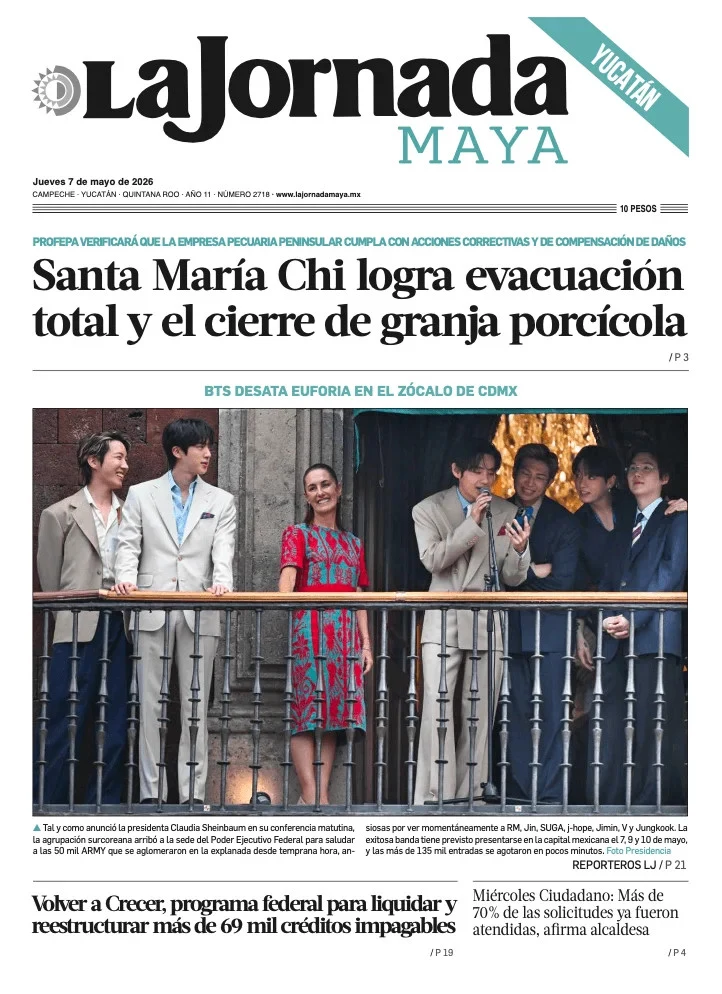 Portada de La Jornada Maya Yucatán del jueves, 7 de mayo de 2026