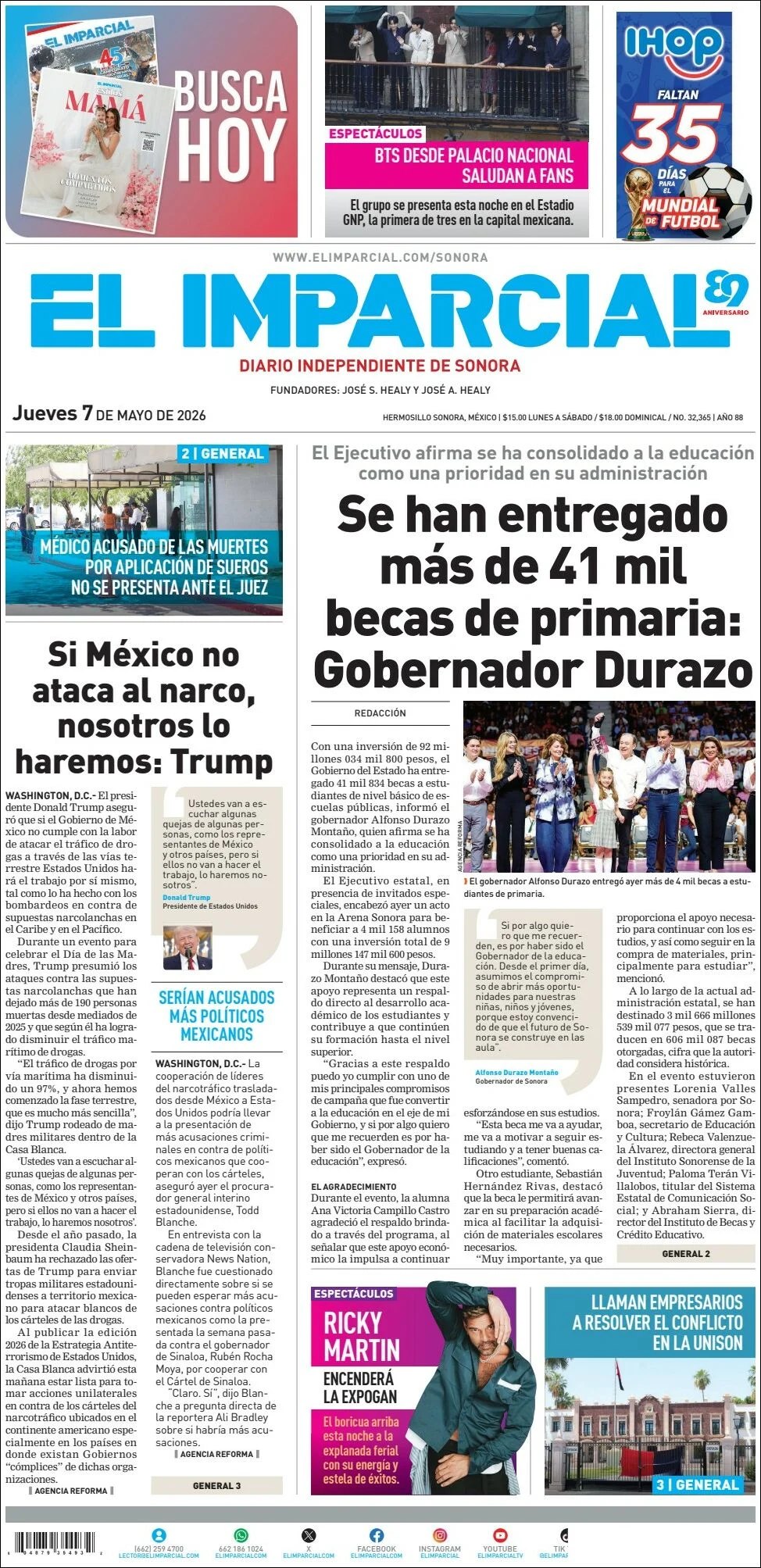 Portada de El Imparcial del jueves, 7 de mayo de 2026