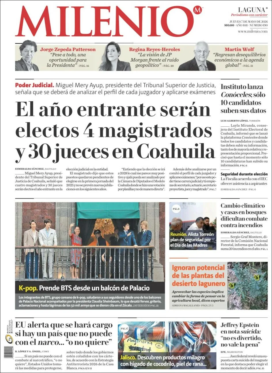 Portada de Milenio Laguna del jueves, 7 de mayo de 2026